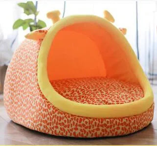 Washable pet kennel bed in brown leopard pattern, size M, on a wooden floor, showing non-slip bottom and removable cover.