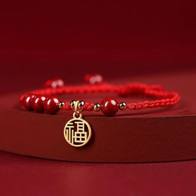 Cinnabar braided rope bracelet with traditional blessing card in ethnic style for unisex wear