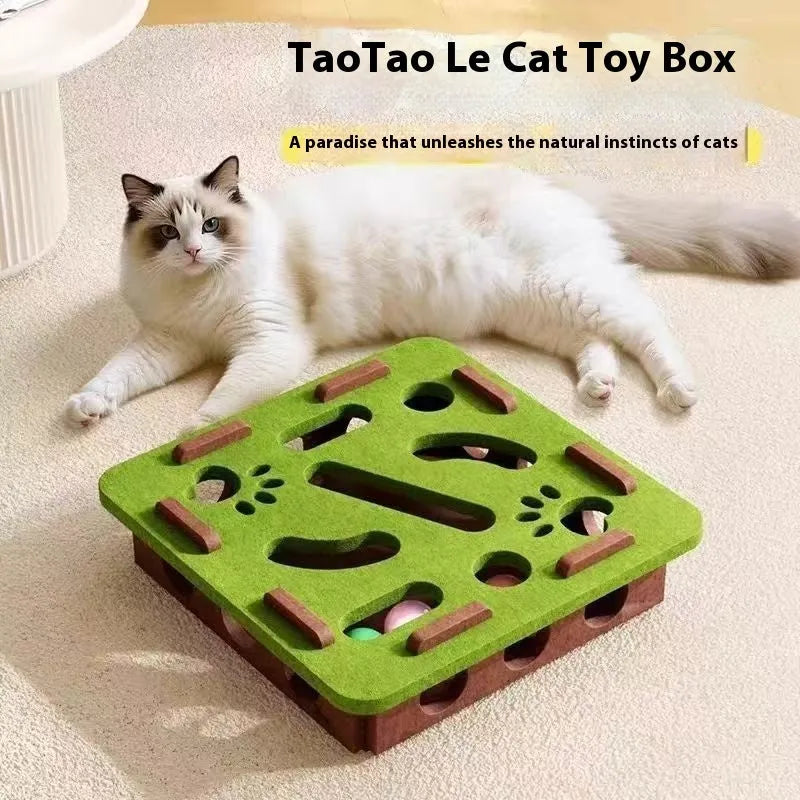 Green brown felt cat toy box with holes and detachable felt mice for hide-and-seek play.