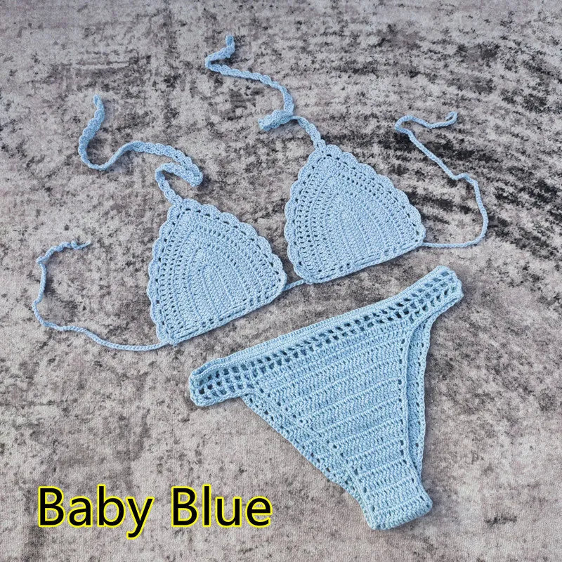 Women's white handmade crochet bikini swimsuit set with a separate matching skirt.