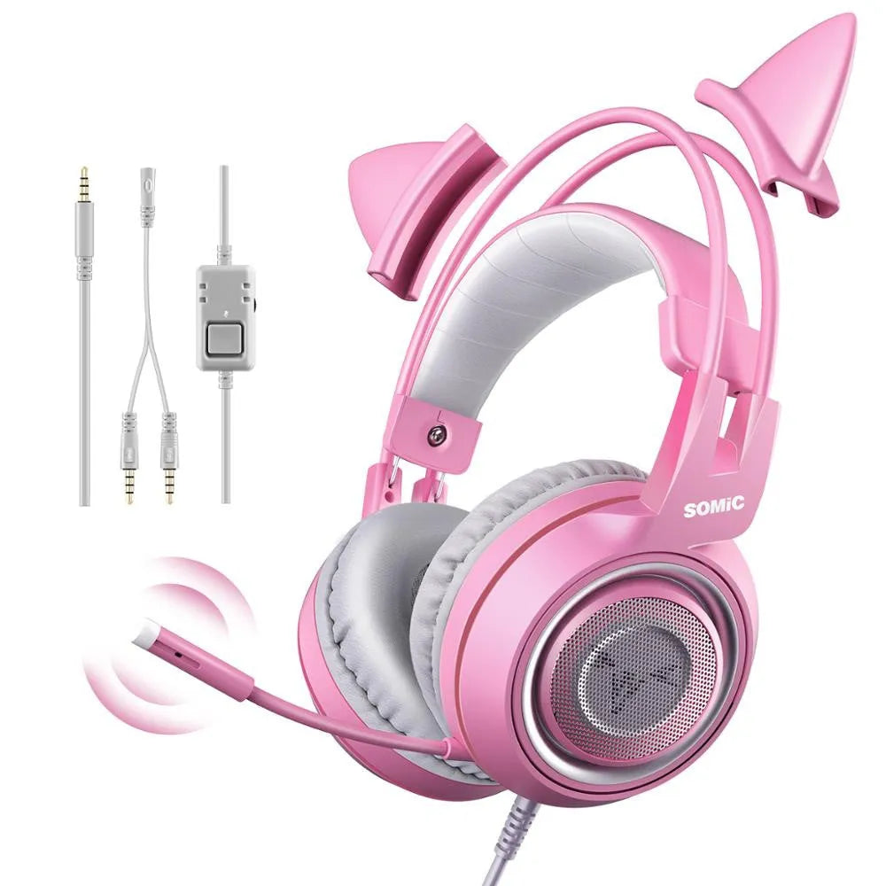 G951s pink cat ear gaming headset with adjustable headband and built-in microphone on white background