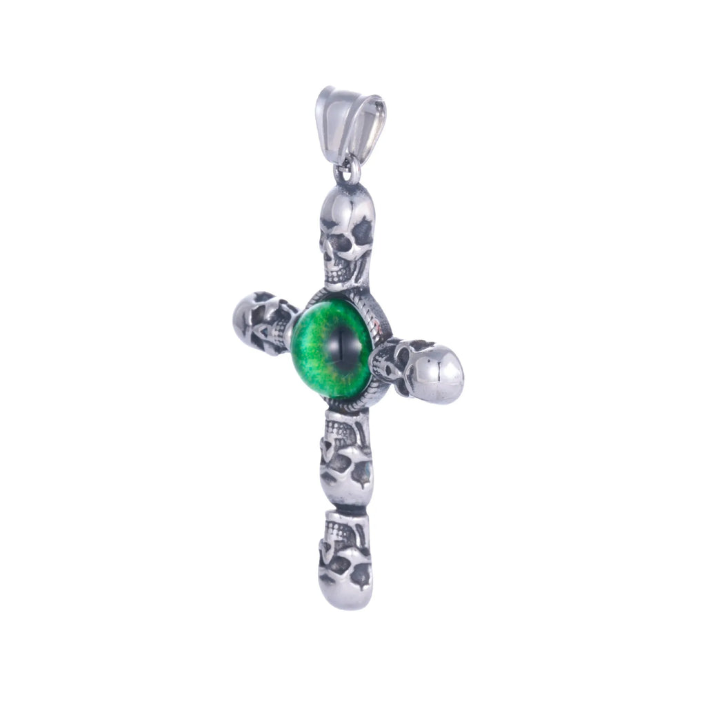 Stainless steel cross skull green eye pendant, geometric U-shaped men's pendant on dark background