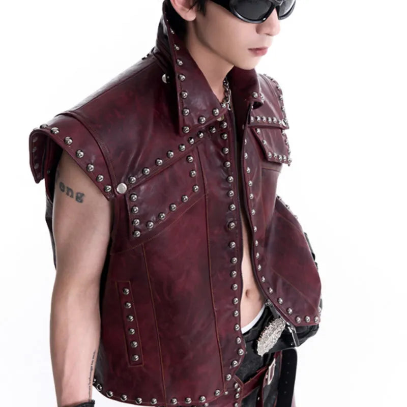 Special-interest leather vest coat set with heavy industry rivets, red top and matching trousers, lapel collar