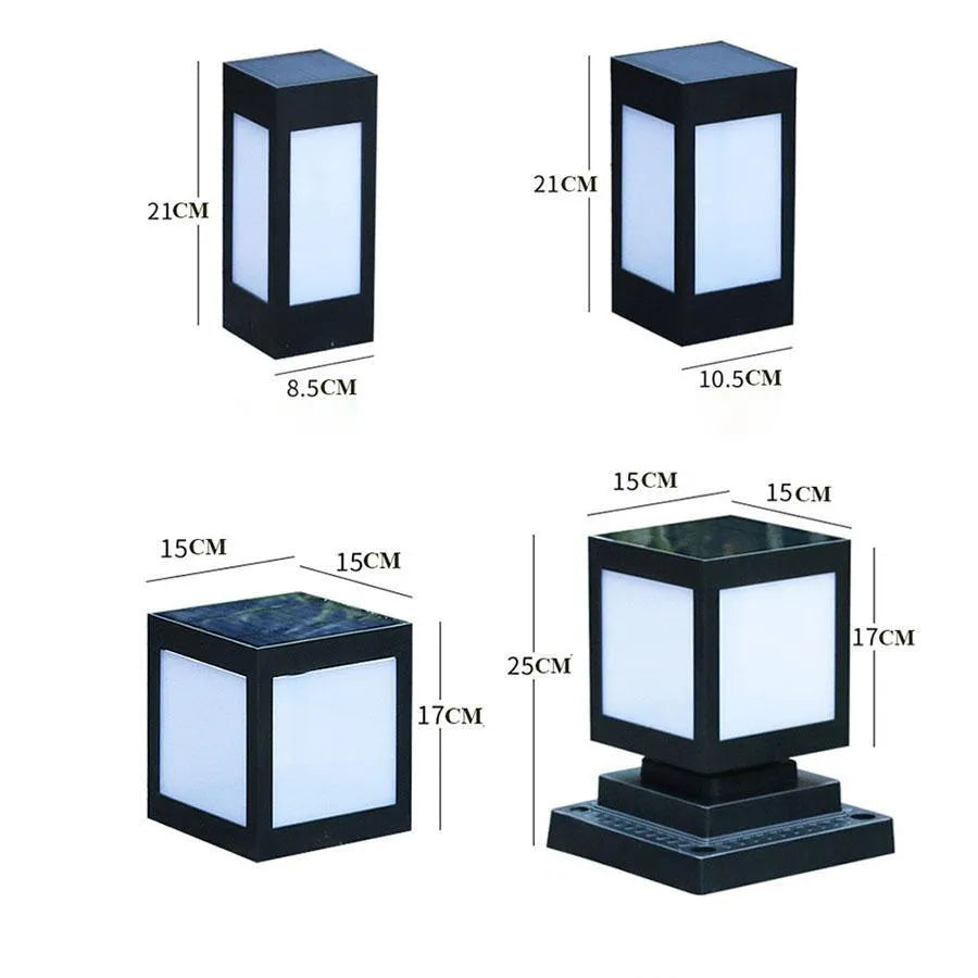 Set of solar-powered LED garden lights in different styles mounted on a garden wall and path