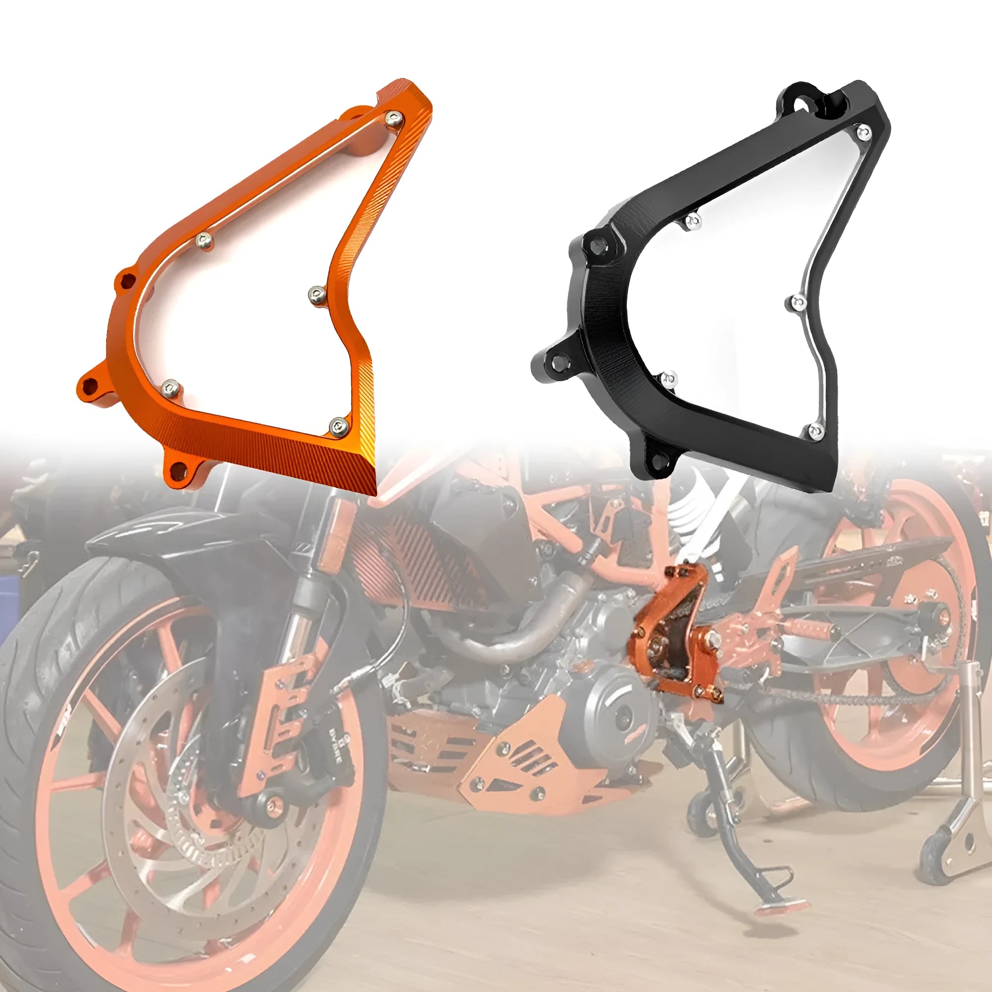 KTM Duke motorcycle chain front gear cover in black and orange options, 20cm by 15cm by 5cm.