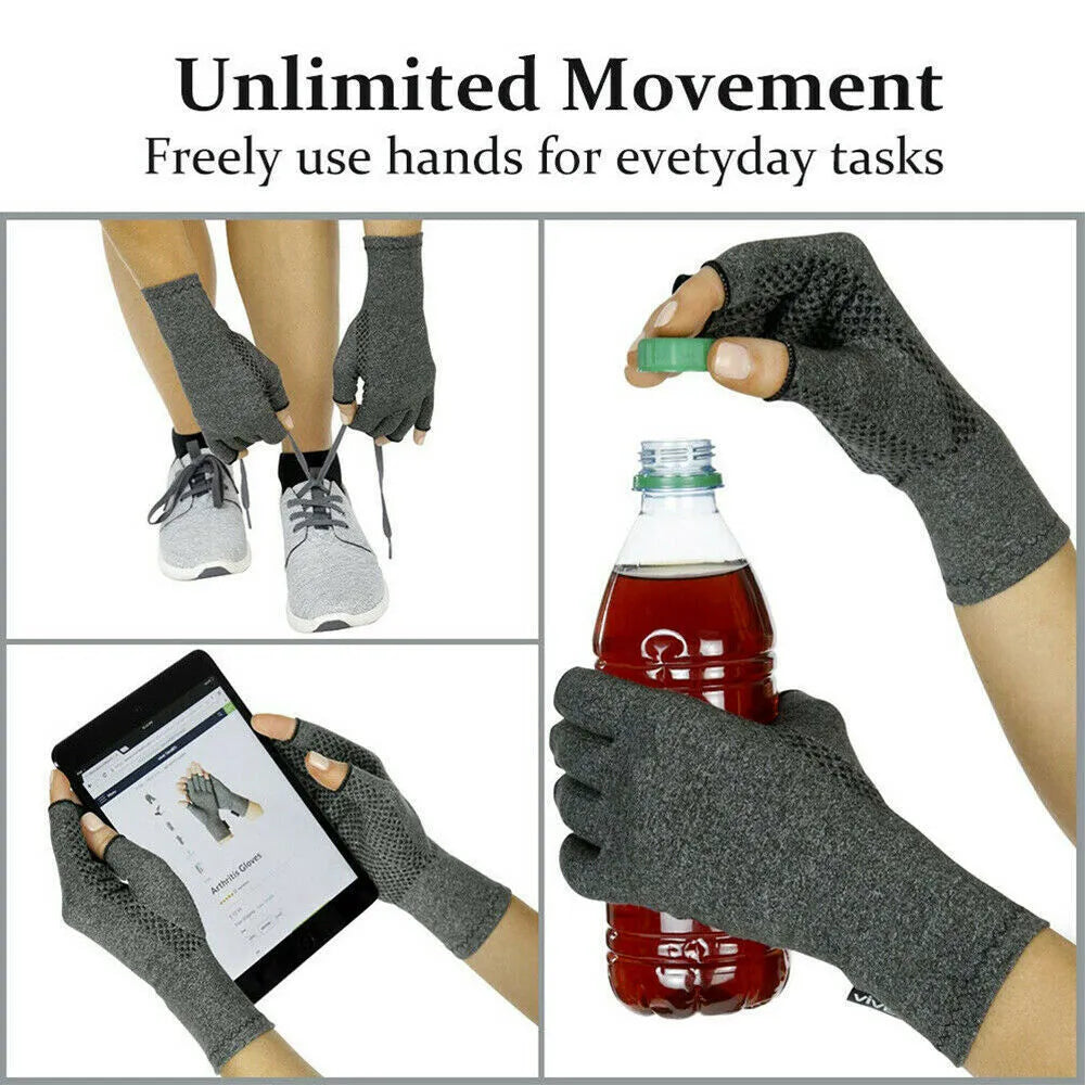 Grey half-finger joint compression gloves with an anti-slip palm pattern, shown laid flat.