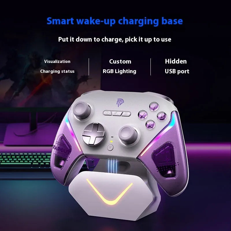 Smart Startstop Rocker game controller on its charging base, shown in Black, Green, and Purple colour options.
