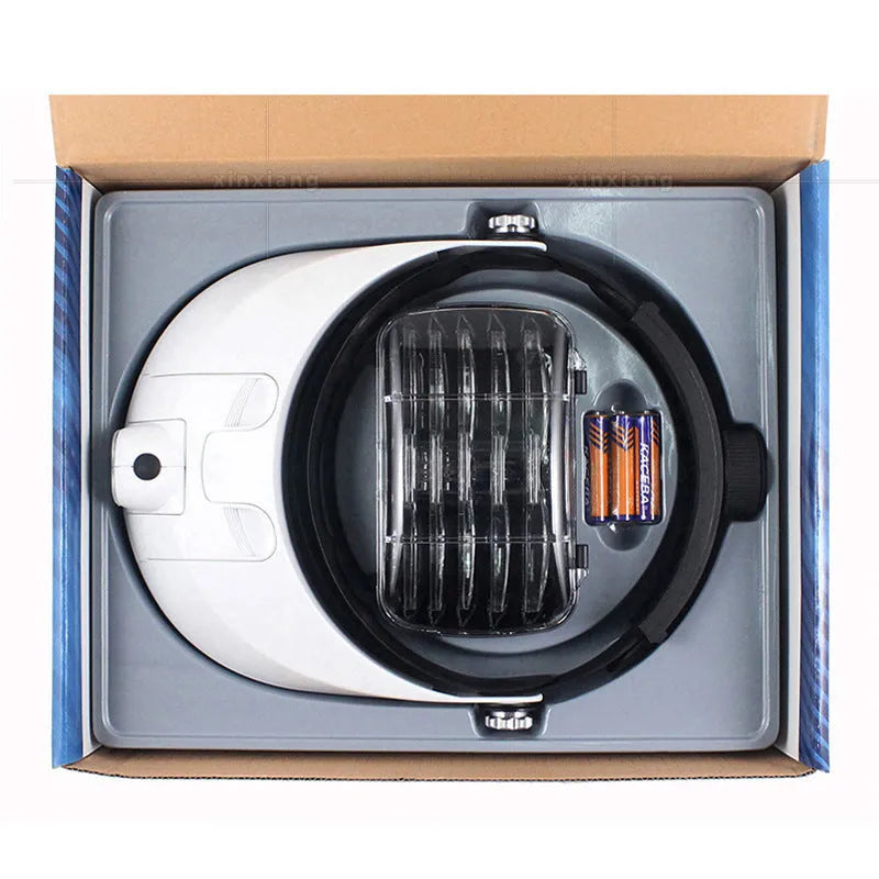 Headband magnifier with 5 lenses and 2 LED lights, 290x200x100mm, 625g, for crafts and sewing