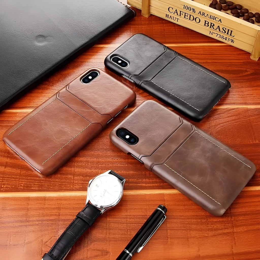 PU leather iPhone back cover with card holster in Black, Dark wood and Light brown