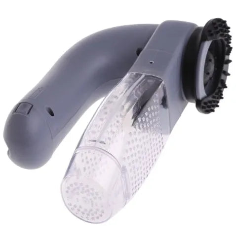 Grey portable electric pet hair remover vacuum with soft rubber grooming head for dogs and cats.