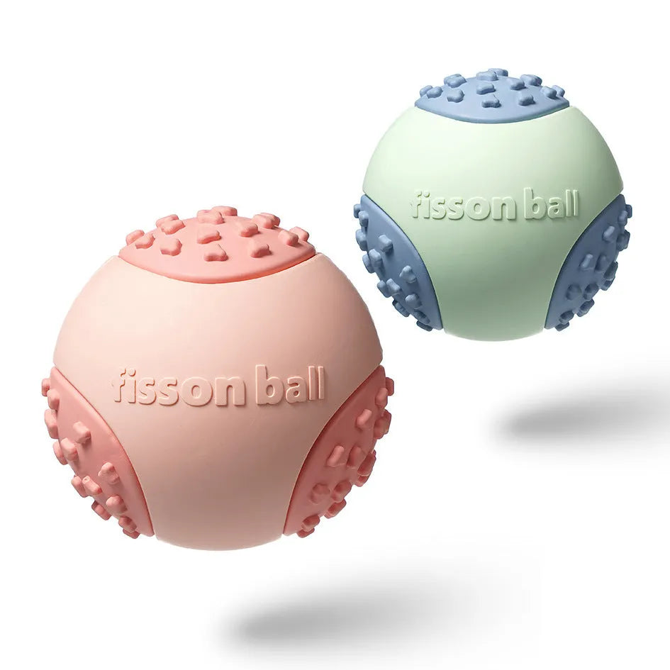 Green and pink durable plastic rolling ball dog toy with 64mm diameter for small and medium dogs