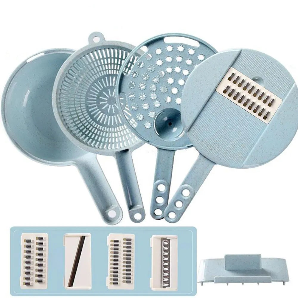 8-in-1 mandoline slicer with stainless steel blades, container, drain basket, and hand protector in blue