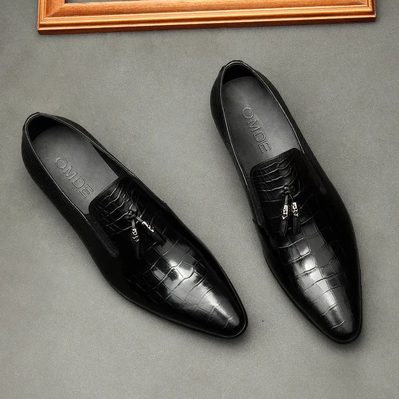 Formal men's black genuine cowhide leather pointed toe dress shoes with rubber sole