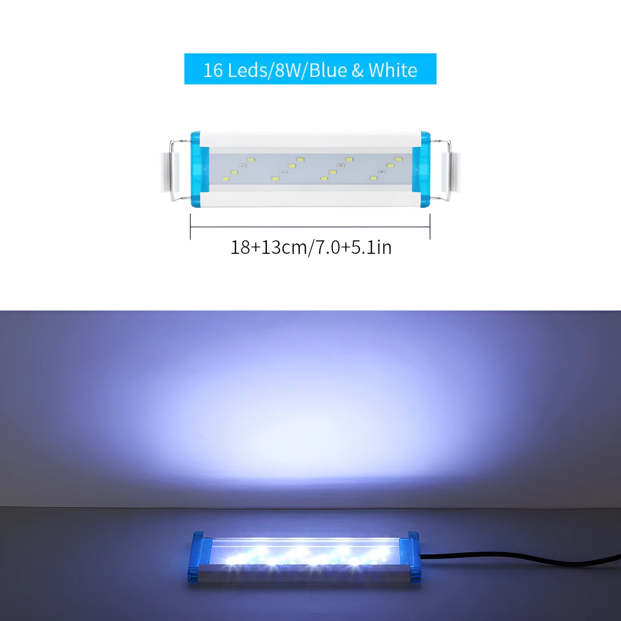 Ultra-thin PVC aquarium light in blue and white, shown next to a fish tank.