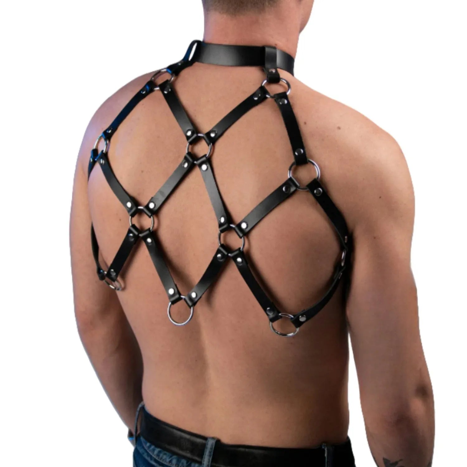 Black PU leather punk chest strap with integrated collar and corset closing belt, handmade with punched detailing