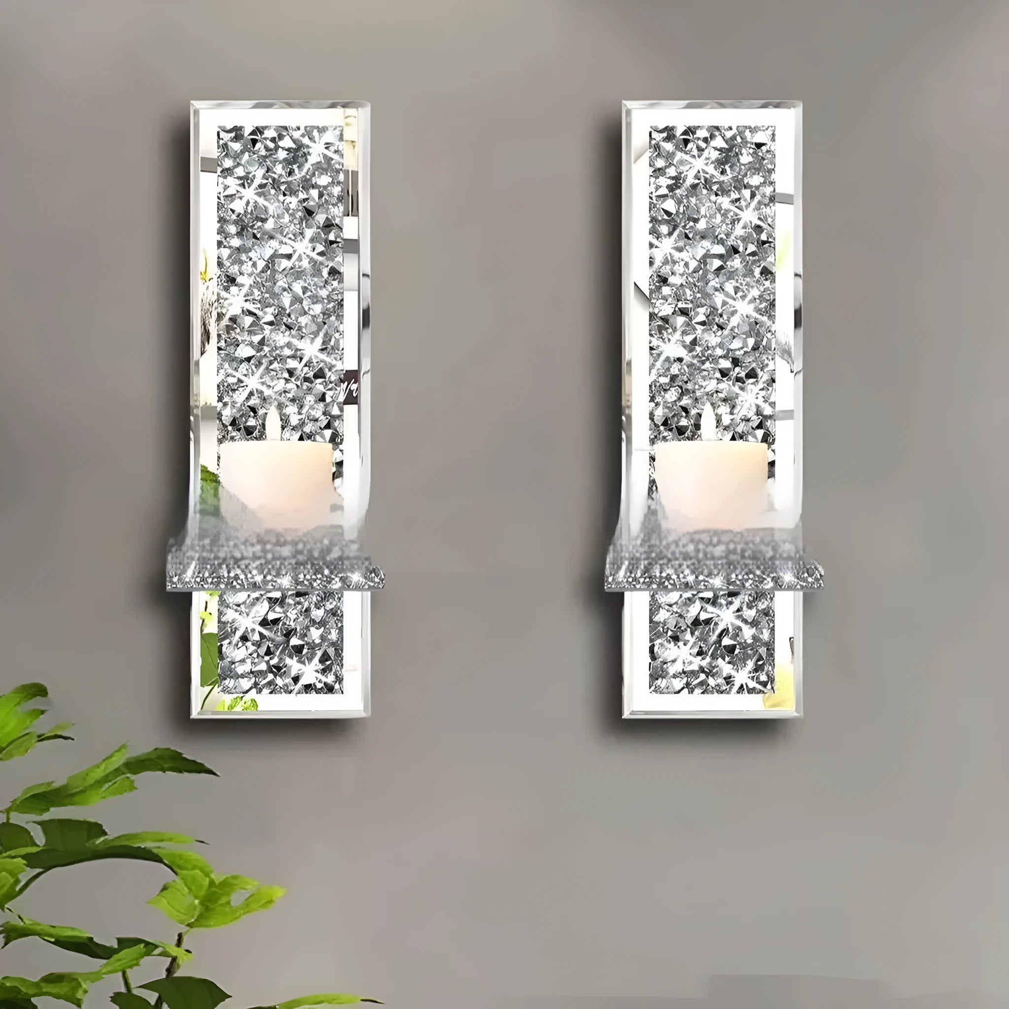 Silver mirror glass wall hanging candle holder set with crystal candlesticks measuring 10x11x38 cm