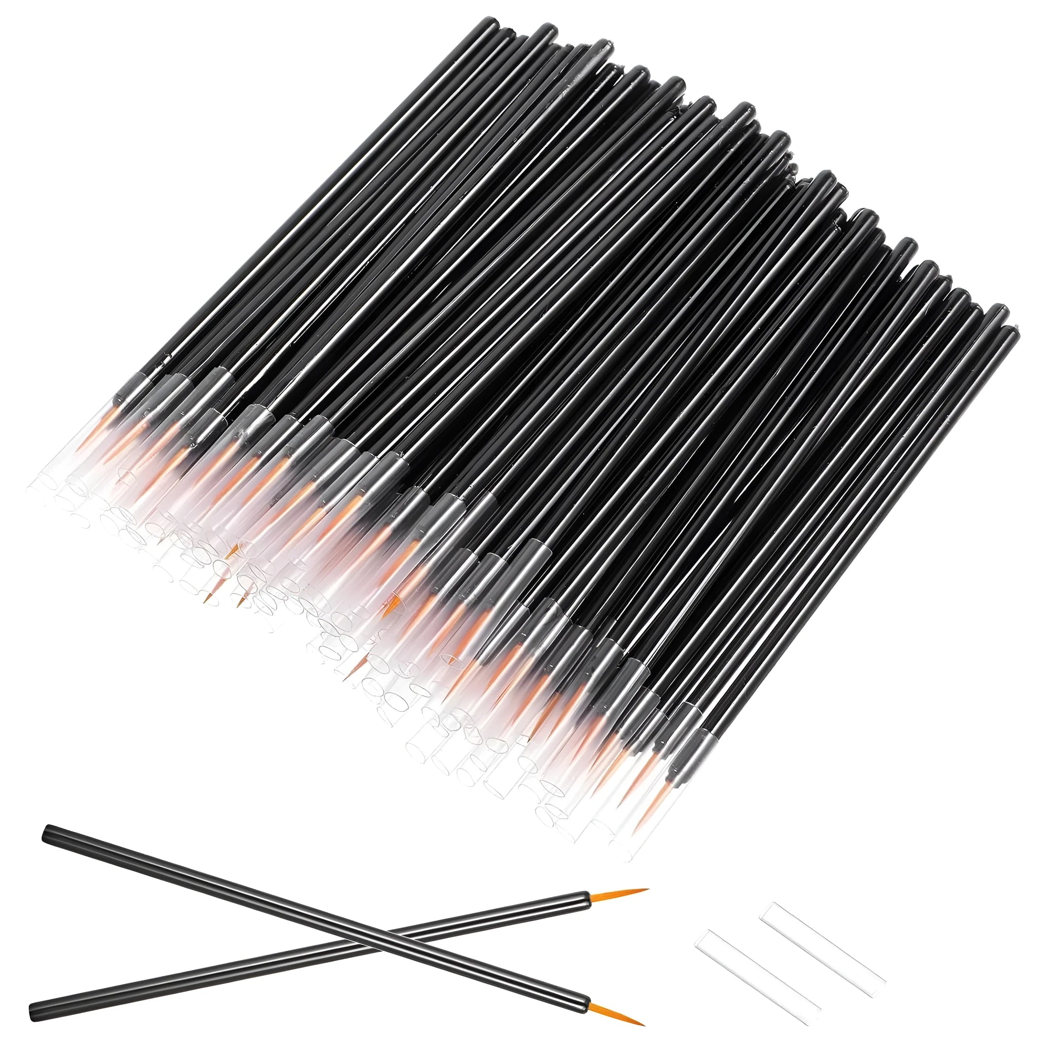 Pack of 100 black disposable eyeliner brushes with fine points and plastic protective sleeves.