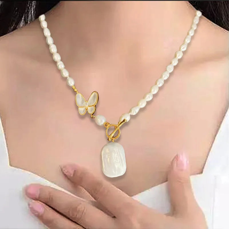 Women's fashion OL butterfly pearl necklace with U-shaped pearl chain in pearl white, 50cm circumference