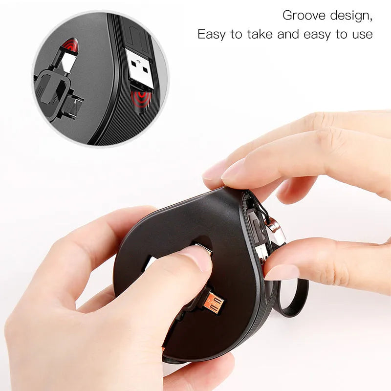Telescopic three-in-one fast charging data cable extended to 1 metre length with retractable mechanism