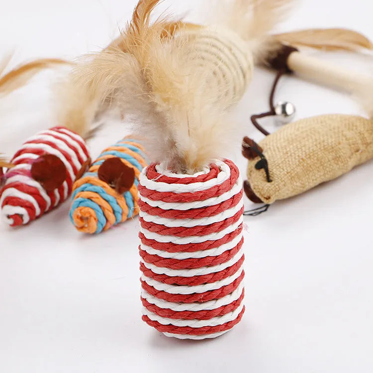 Interactive bell and feather teasing cat toy set with multicoloured feathers and stick in box packaging