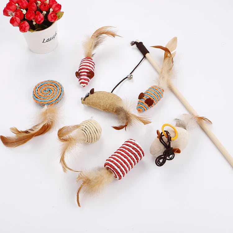Interactive bell and feather teasing cat toy set with multicoloured feathers and stick in box packaging