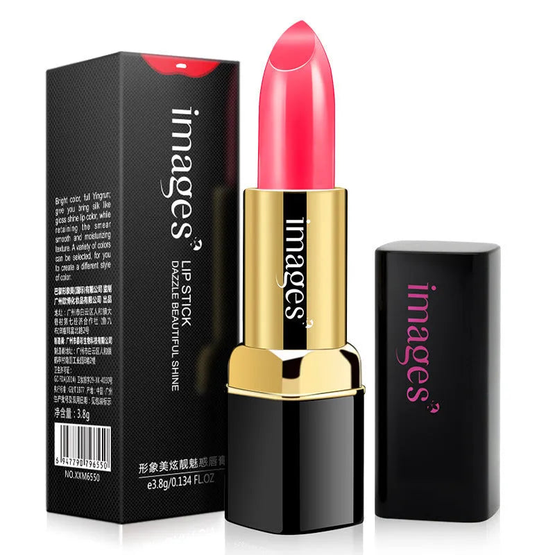 Moisturising lipstick in a compact case showing one of ten colour shades like coral red or babie pink.