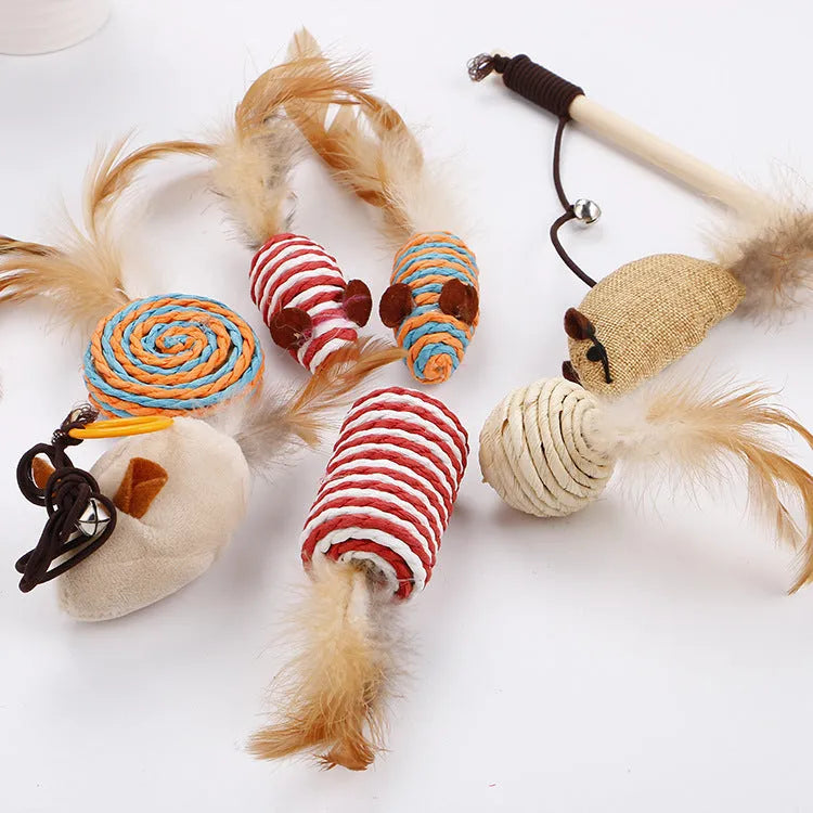 Interactive bell and feather teasing cat toy set with multicoloured feathers and stick in box packaging