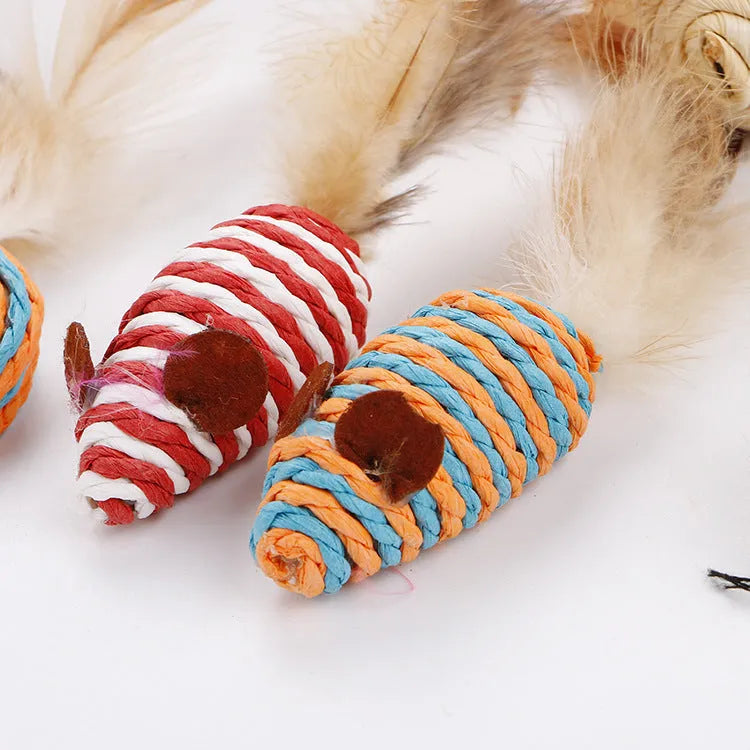 Interactive bell and feather teasing cat toy set with multicoloured feathers and stick in box packaging
