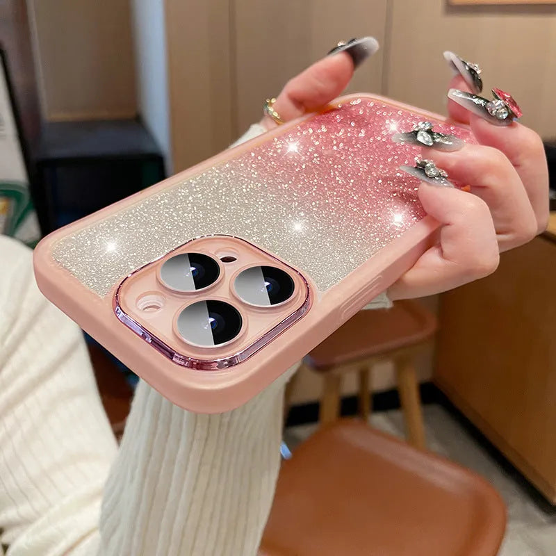 Transparent magnetic glitter gradient iPhone case showing silver electroplated finish on TPU soft rubber