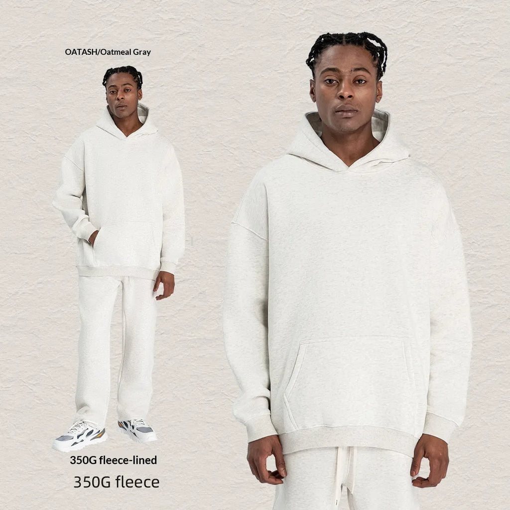 Men's hooded fleece-lined sweatshirt set with long-sleeve top and matching trousers in grey