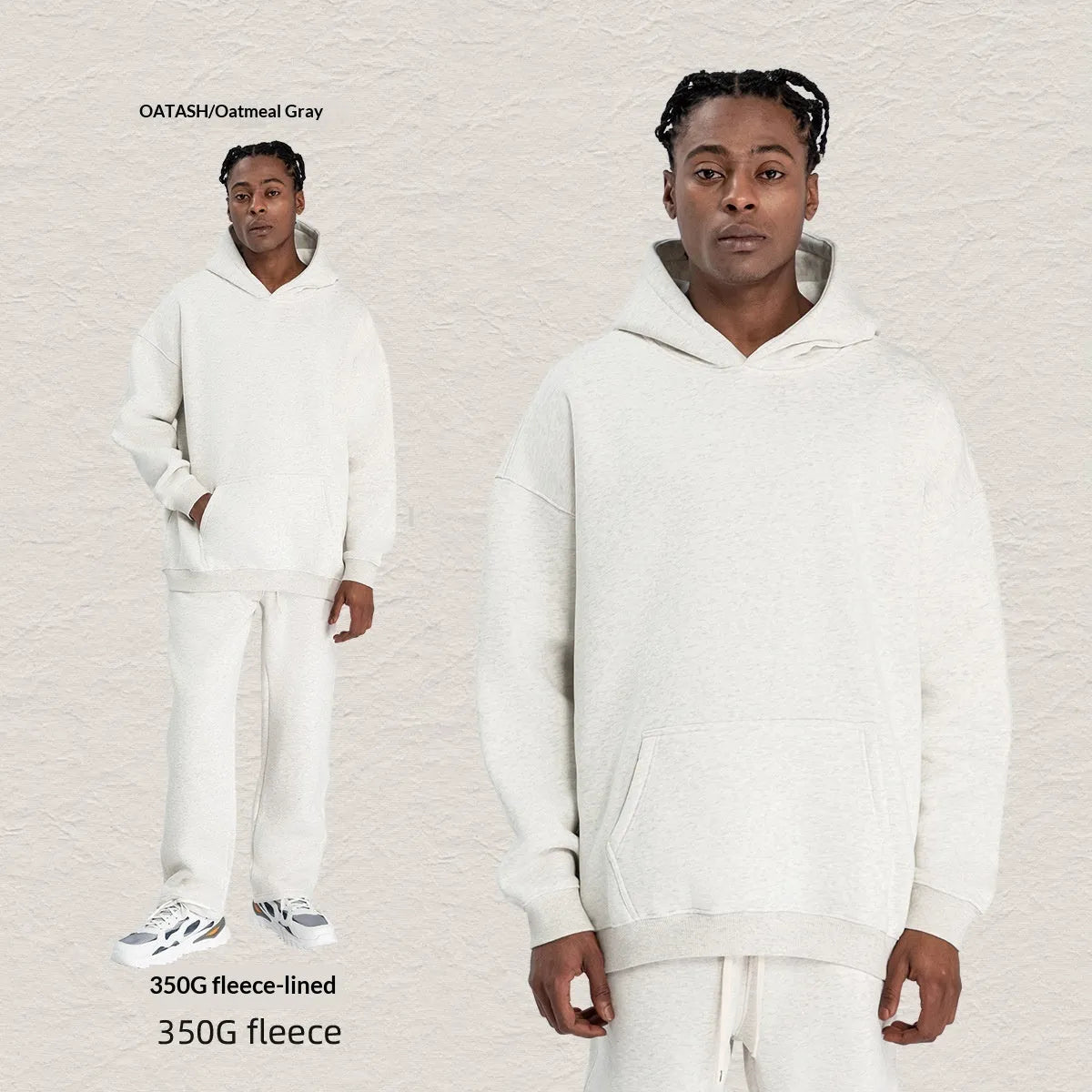 Men's hooded fleece-lined sweatshirt set with long-sleeve top and matching trousers in grey