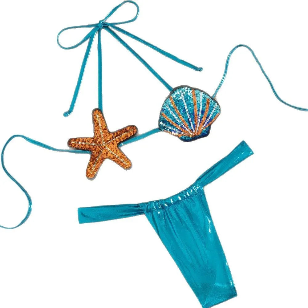 Pure Desire split swimsuit shell bikini two-piece high sense set in blue with mesh detailing, sizes S M L