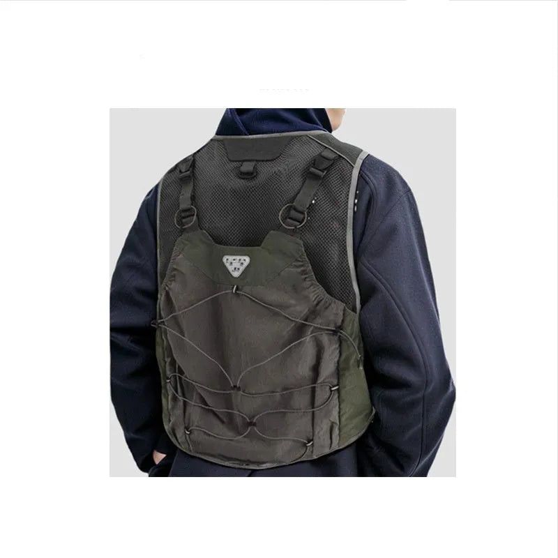 Men's gray green functional pocket cotton vest, lightweight loose fit waistcoat with front pockets