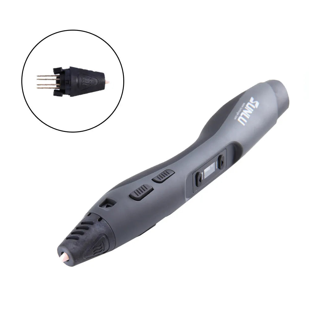 3D painting graffiti pen in black plastic, 180mm long, on a flat surface with coloured filament