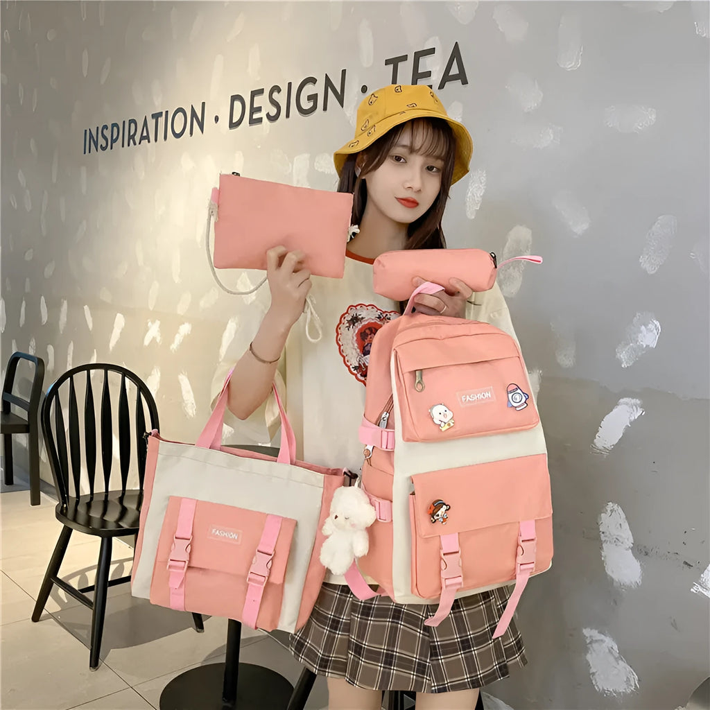 Korean style Mori casual Oxford cloth student four-piece set backpack in pink with curved shoulder straps