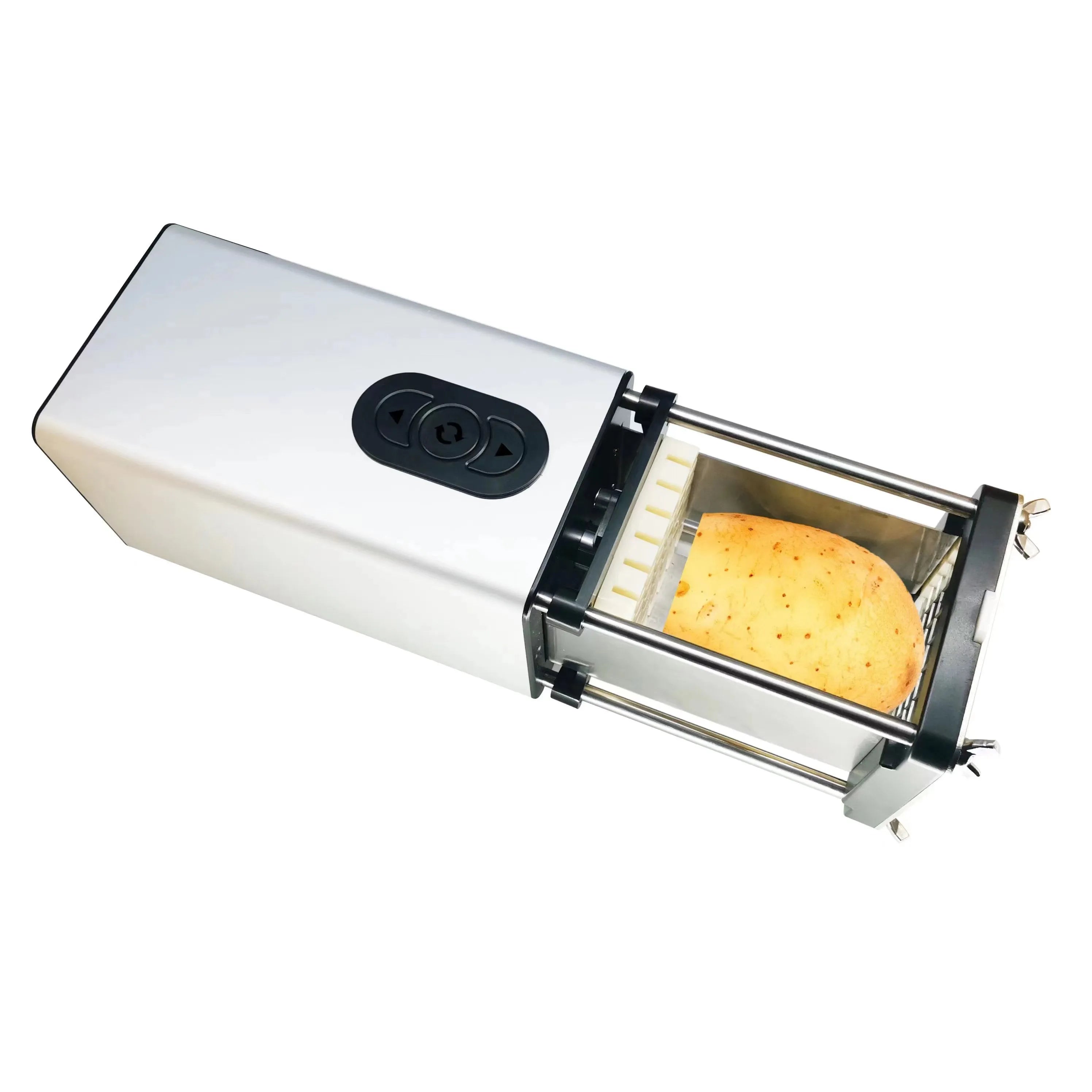 Black electric French fry cutter with stainless steel blades on a kitchen countertop.
