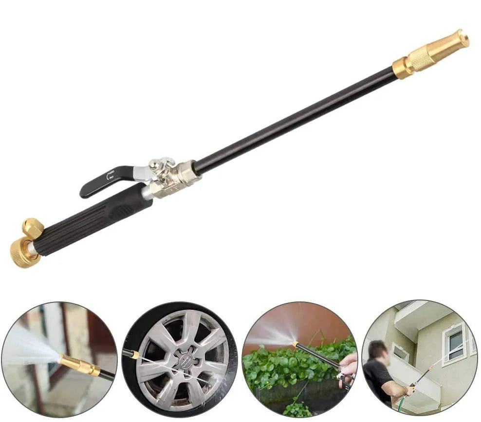 Black high pressure adjustable water gun with alloy body, brass tip, and TPR handle for car wash and garden use
