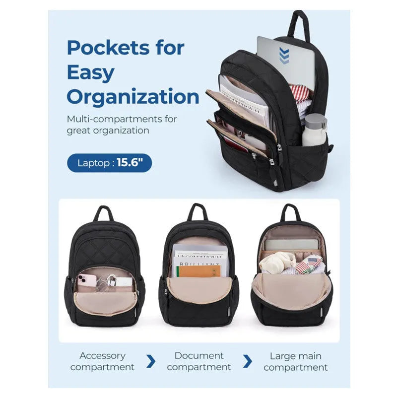 Nylon travel laptop backpack 30x20x44cm in black with air cushion shoulder straps and plaid stitching detail