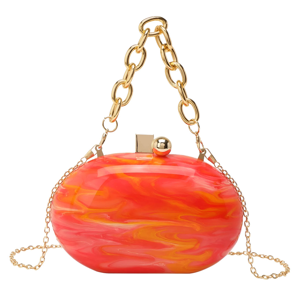 Oval acrylic women's clutch bag with detachable chain in pearlescent colour options