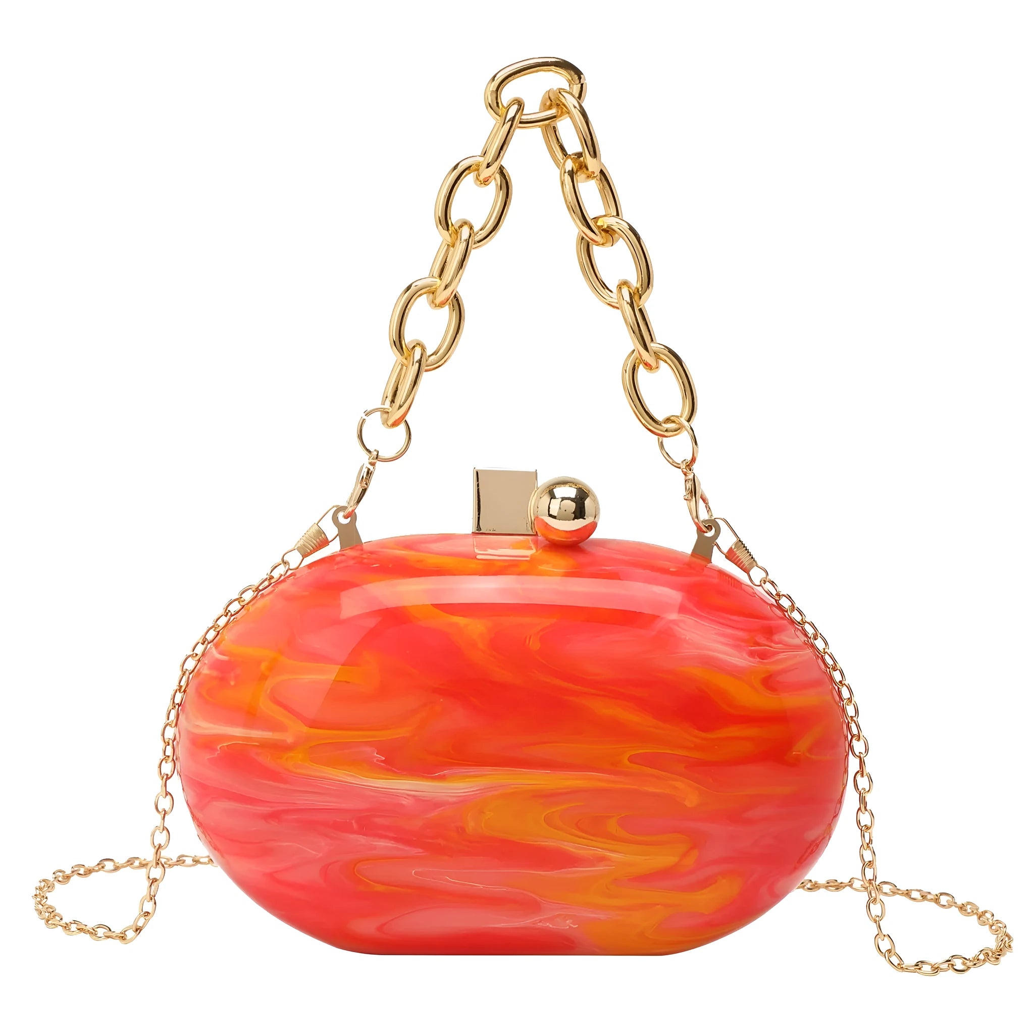 Oval acrylic women's clutch bag with detachable chain in pearlescent colour options