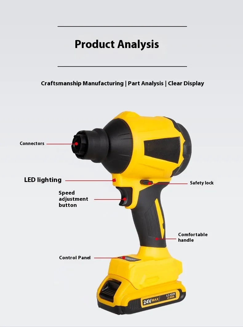 Yellow handheld cordless dust gun or blower for cleaning household and office appliances.