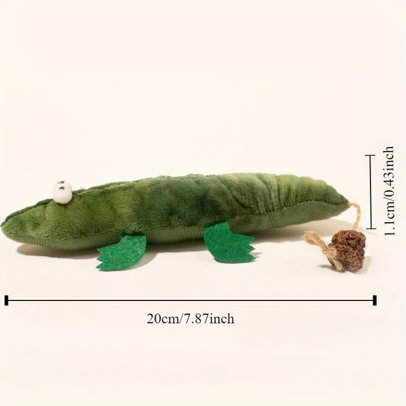 Green plush alligator-shaped cat toy with catnip and peppermint scent.