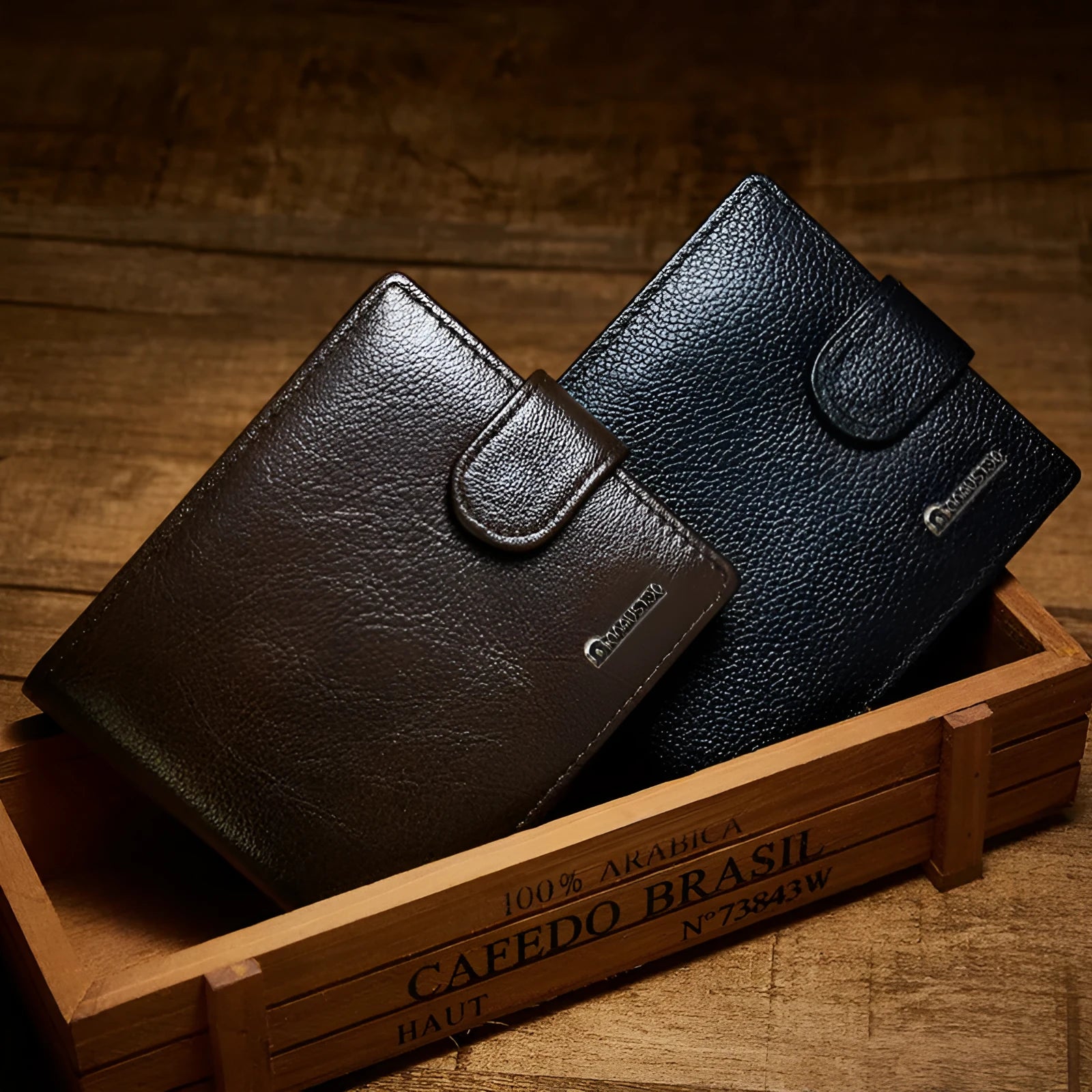 Black PU leather bifold wallet with buckle closure, multiple card slots, and coin pocket on white background