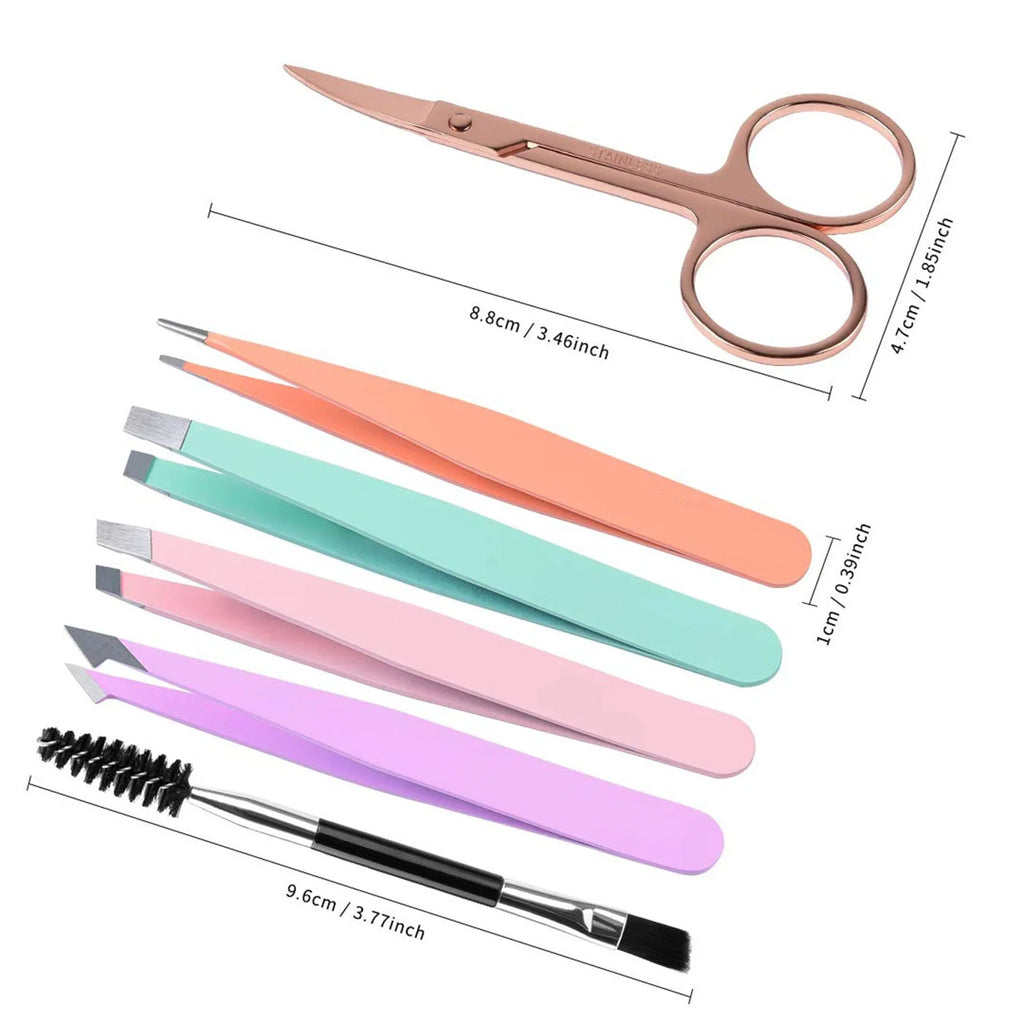 Professional stainless steel eyebrow tweezers six-piece set with curved scissors and leather case