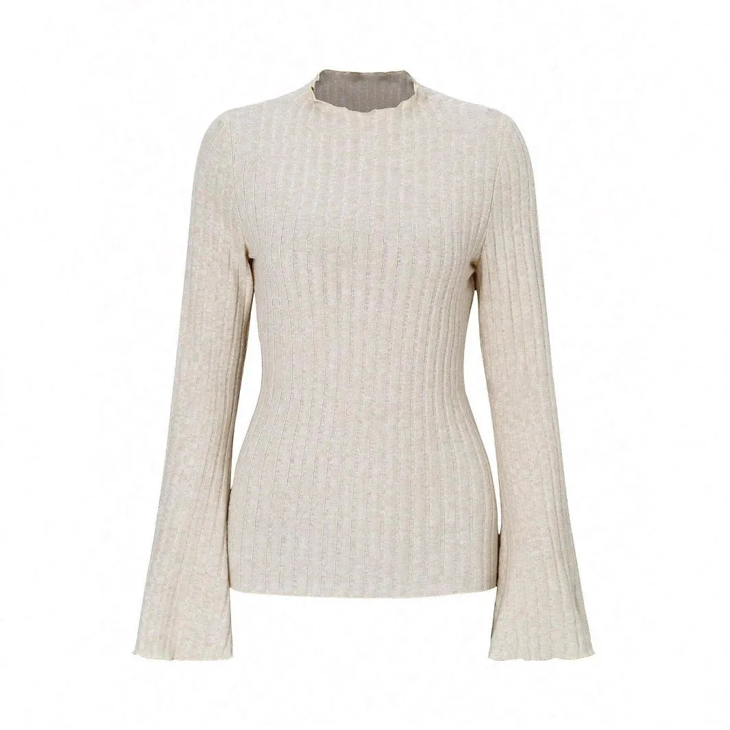 A black long sleeve round neck top with lantern sleeves and a slim fit, showcasing a brushed polyester fabric.