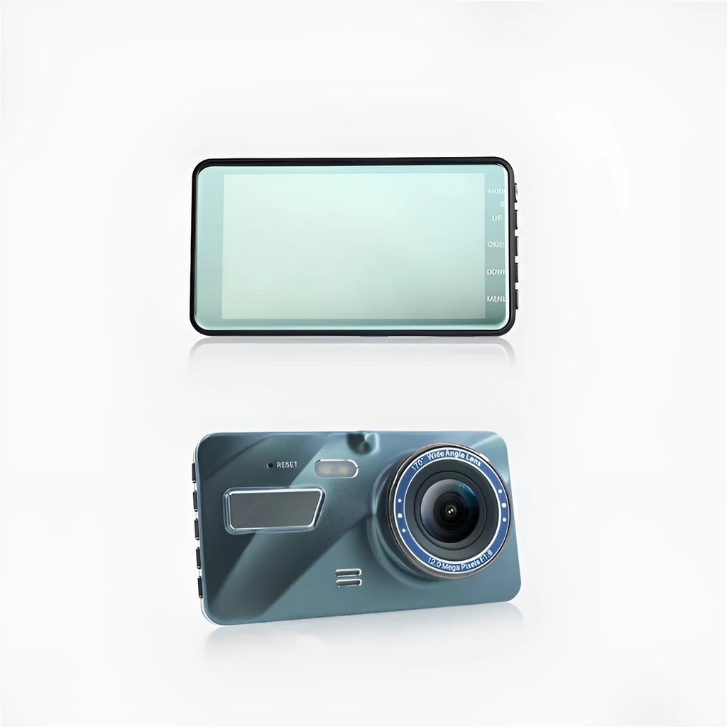 4-inch dash cam with IPS screen and dual lens installed on car windscreen showing HD night vision recording