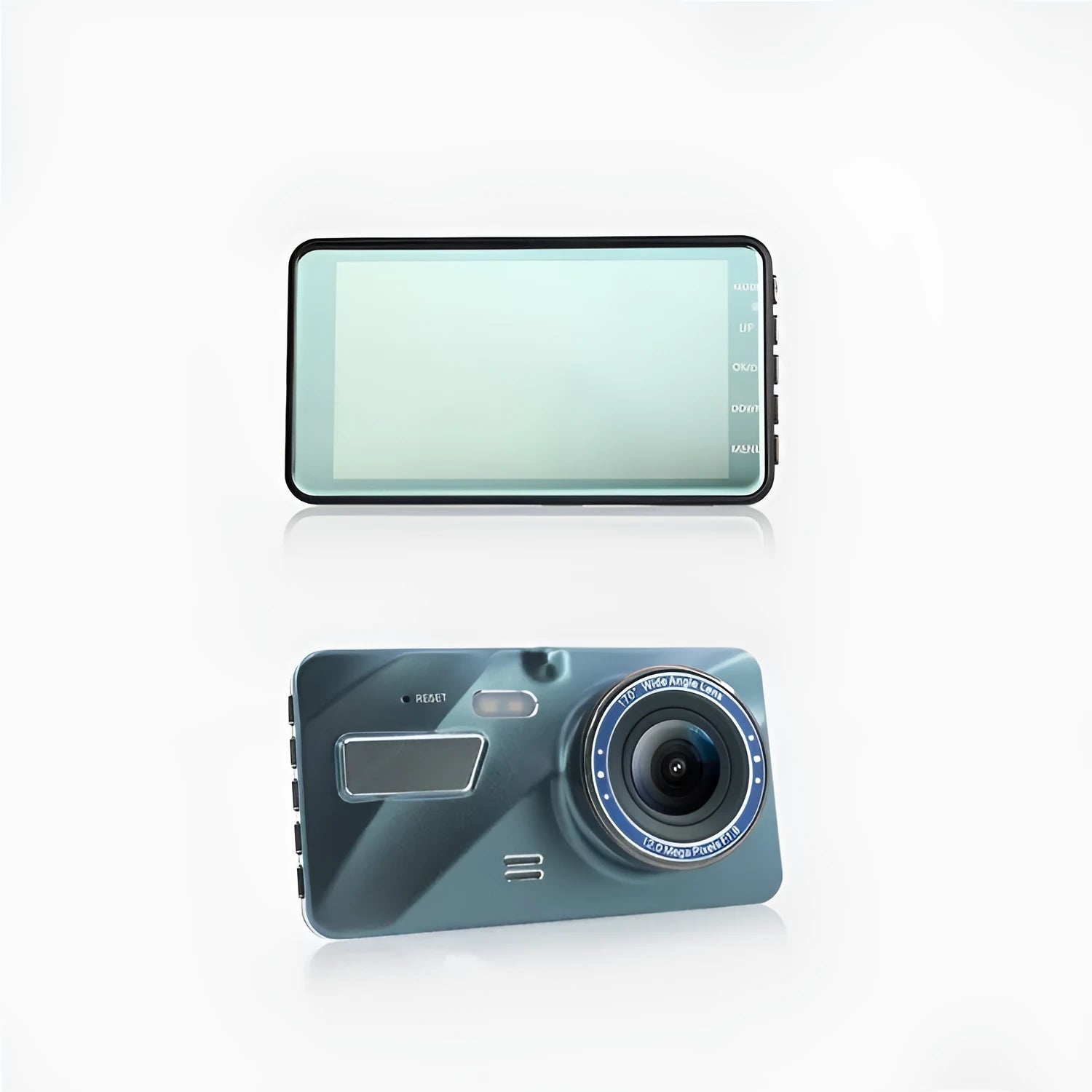 4-inch dash cam with IPS screen and dual lens installed on car windscreen showing HD night vision recording