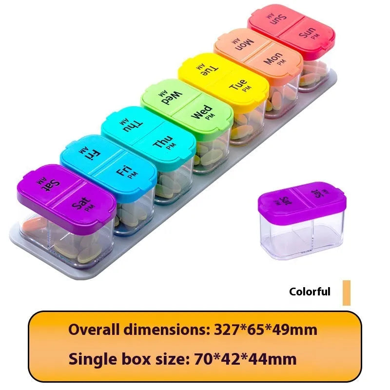 White and rainbow coloured portable pill box with 14 detachable compartments for medicine storage.