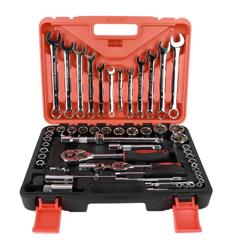61-piece chrome vanadium steel auto repair socket and wrench set with ratchets, metric sockets, and extensions on a grey background.