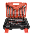 61-piece chrome vanadium steel auto repair socket and wrench set with ratchets, metric sockets, and extensions on a grey background.